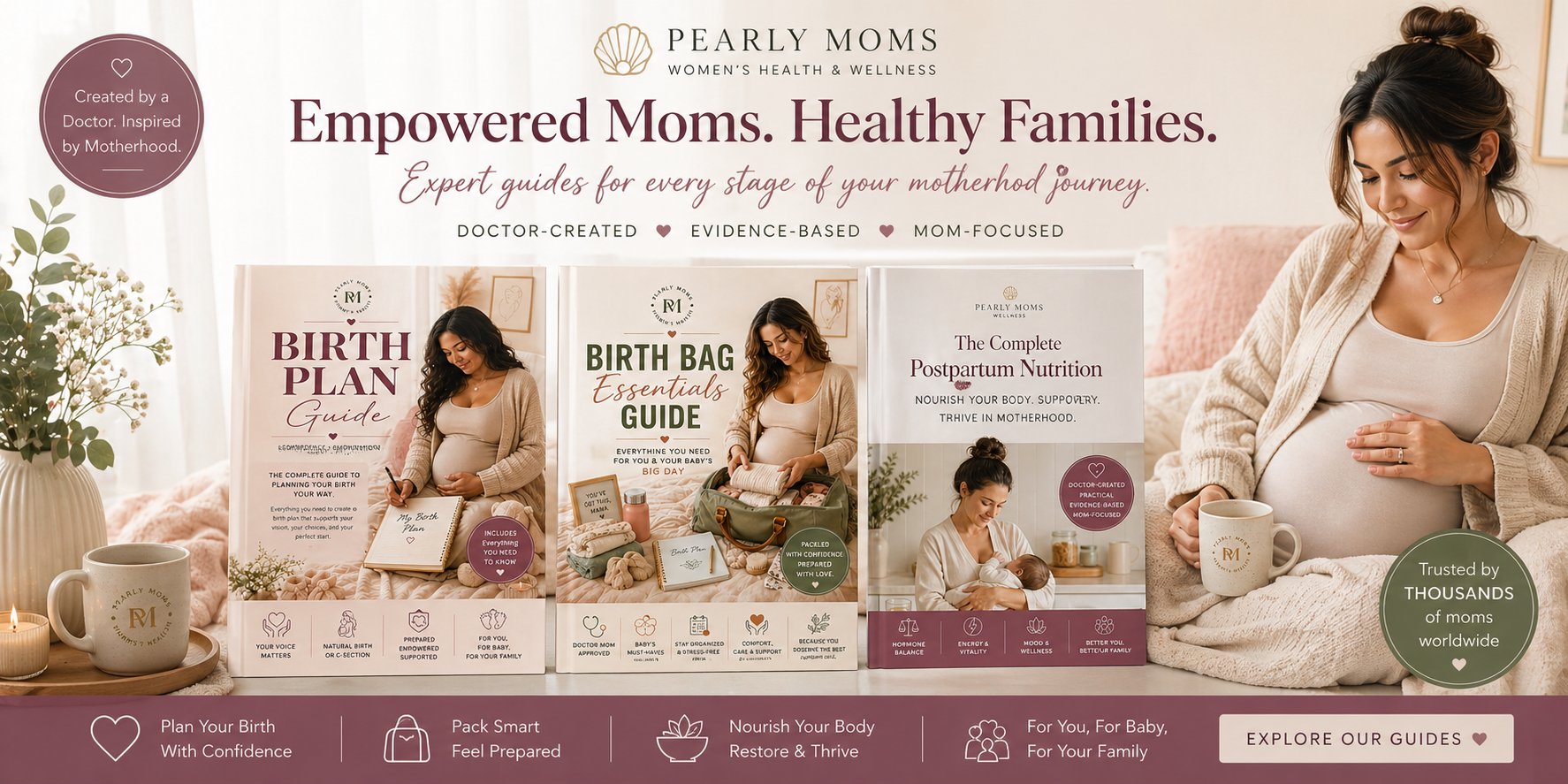Pregnant woman with Pearly Moms' pregnancy guidebook collection on a light background